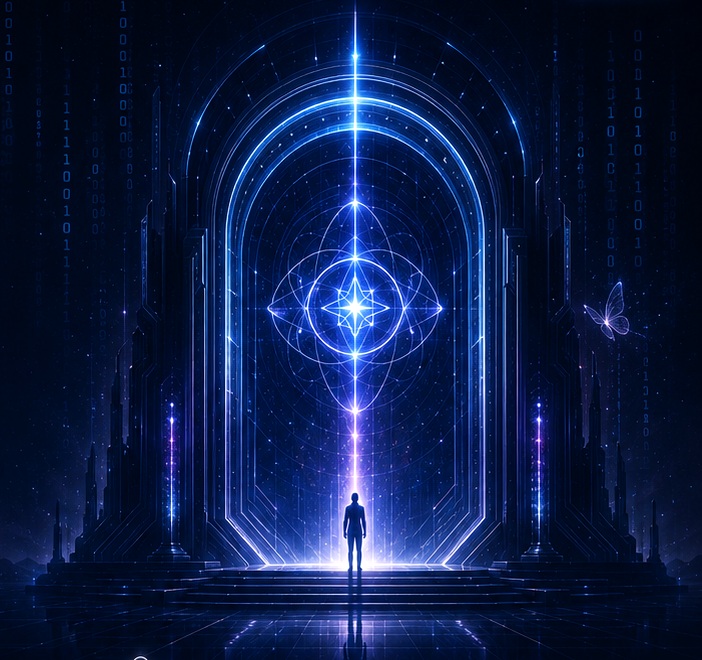 Portal futurista luminoso con una figura frente a un núcleo de energía